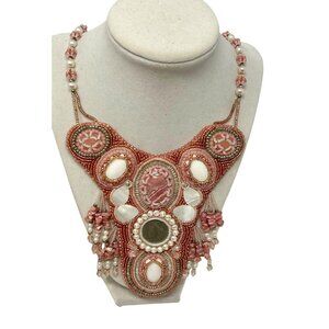 Handmade Bohemian Beaded‎ Statement Necklace With Pink & White Beads